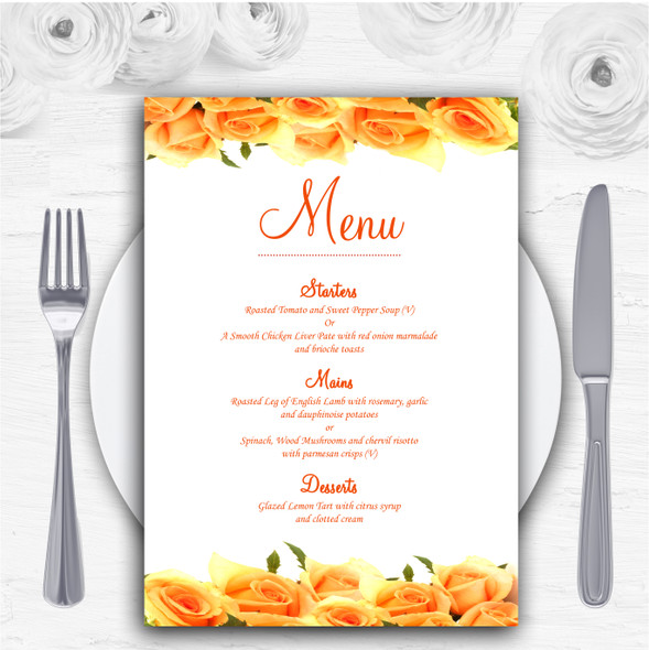 Orange Yellow Roses Personalised Wedding Menu Cards