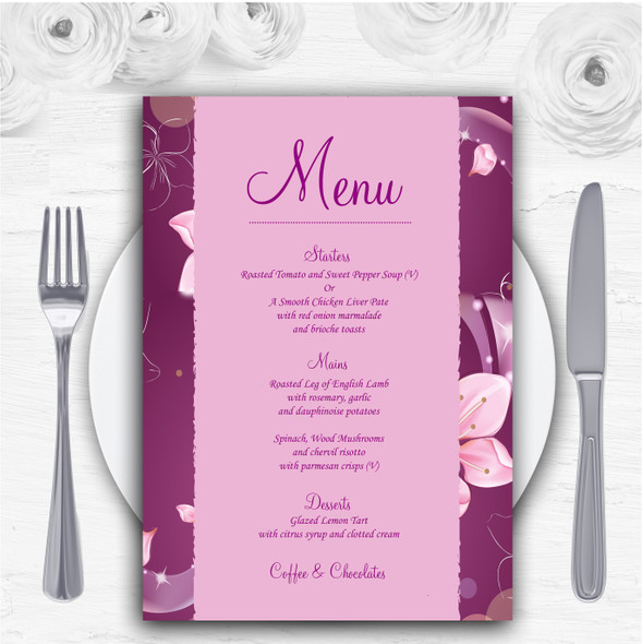 Purple Pink Flowers Personalised Wedding Menu Cards