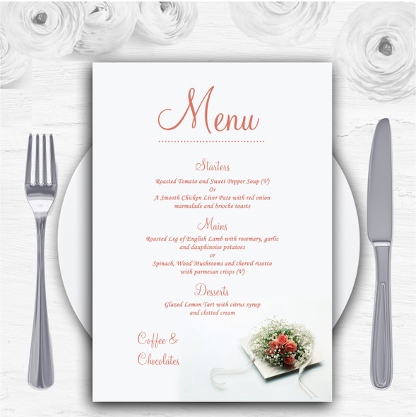 Peach Coral Rose Personalised Wedding Menu Cards