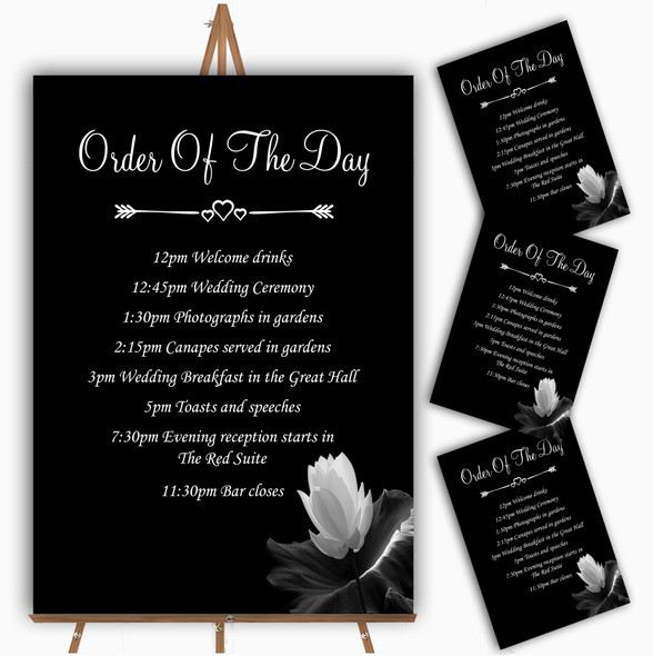 Beautiful Black White Flower Personalised Wedding Order Of The Day Cards & Signs