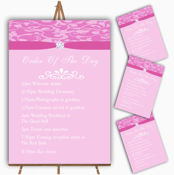 Dusty Pale Baby Rose Pink Floral Damask Diamante Wedding Order Of The Day Cards