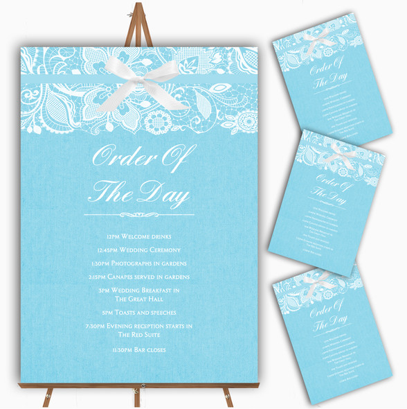 Vintage Aqua Sky Blue Burlap & Lace Personalised Wedding Order Of The Day Cards