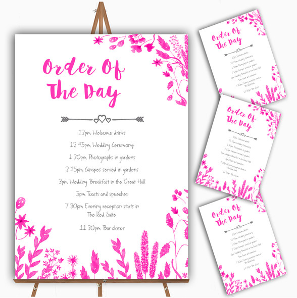 Hot Pink Autumn Leaves Watercolour Personalised Wedding Order Of The Day Cards