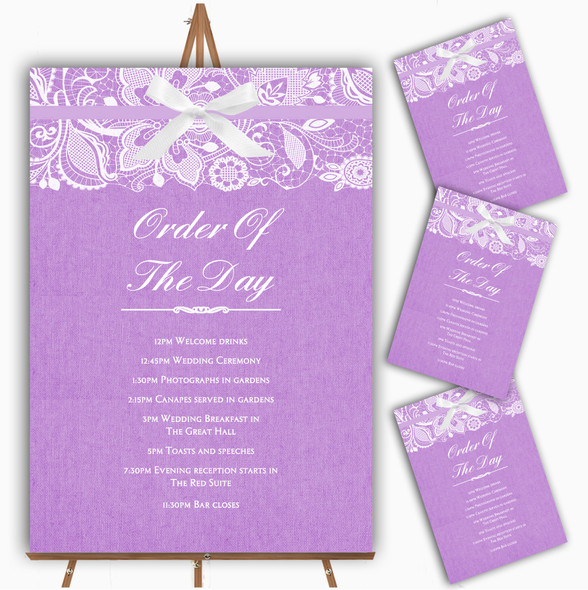 Vintage Lilac Purple Burlap & Lace Personalised Wedding Order Of The Day Cards