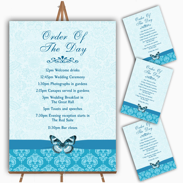 Blue Turquoise Vintage Floral Damask Butterfly Wedding Order Of The Day Cards