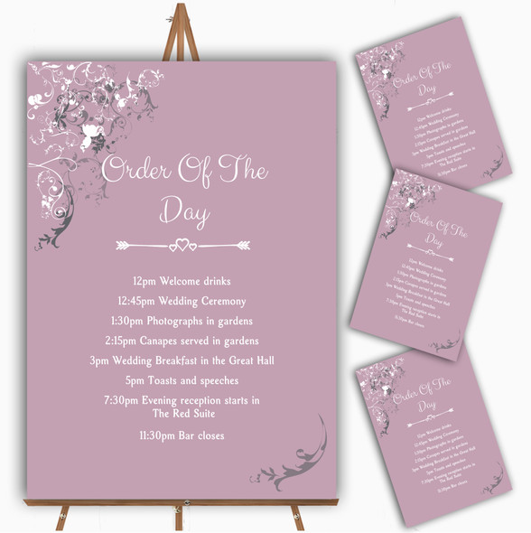 Lilac Vintage Shabby Chic Pattern Personalised Wedding Order Of The Day Cards