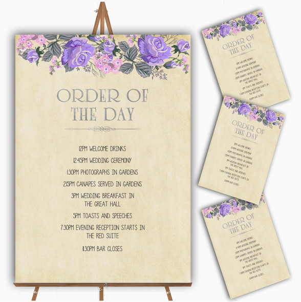 Vintage Purple & Pink Watercolour Personalised Wedding Order Of The Day Cards
