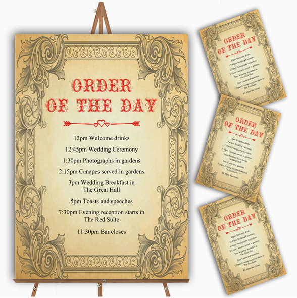 Typography Vintage Red Postcard Personalised Wedding Order Of The Day Cards