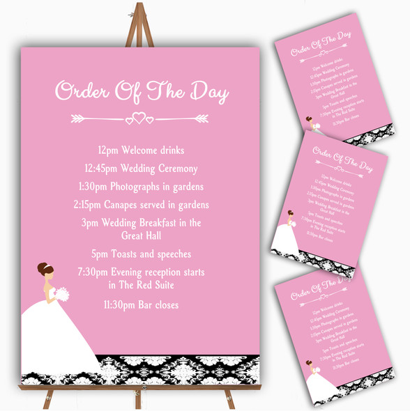 Pink Black Damask Bride Personalised Wedding Order Of The Day Cards & Signs