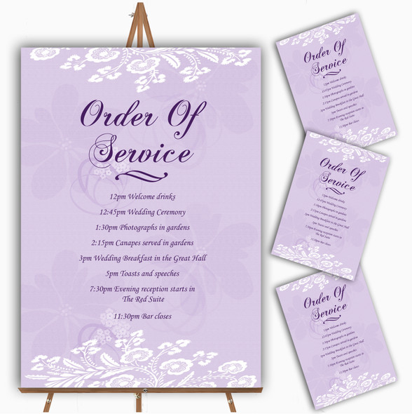 Vintage Lace Lilac Chic Personalised Wedding Order Of The Day Cards & Signs