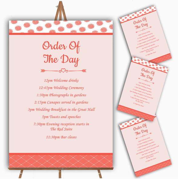 Coral And White Flowers Quilt Personalised Wedding Order Of The Day Cards