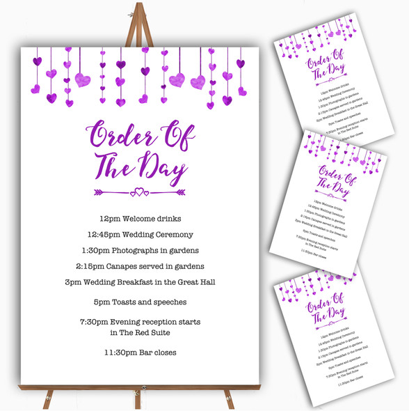 Purple Watercolour Heart Drop Personalised Wedding Order Of The Day Cards