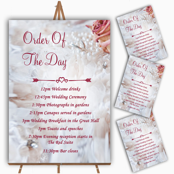 Pink Rose Pearl Rings Personalised Wedding Order Of The Day Cards & Signs