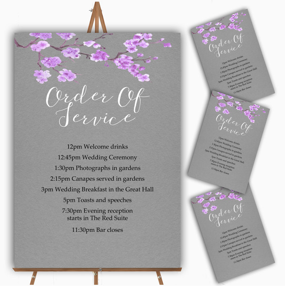 Rustic Vintage Dark Grey & Purple Blossom Wedding Order Of The Day Cards