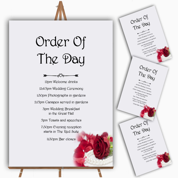 White Pearl Red Rose Personalised Wedding Order Of The Day Cards & Signs