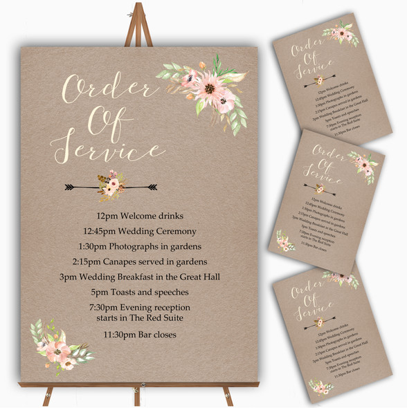 Rustic Vintage Watercolour Peach Floral Wedding Order Of The Day Cards