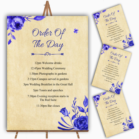 Vintage Blue & White Watercolour Floral Wedding Order Of The Day Cards
