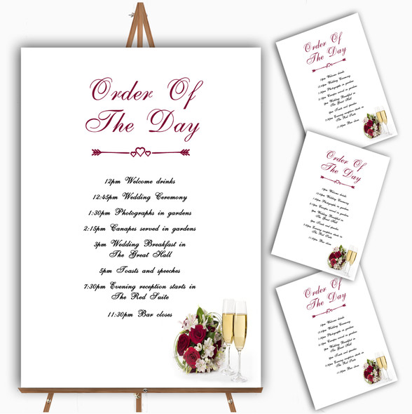 Red Rose Champagne Personalised Wedding Order Of The Day Cards & Signs