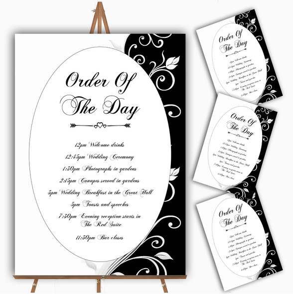 White Black Scroll Personalised Wedding Order Of The Day Cards and Signs