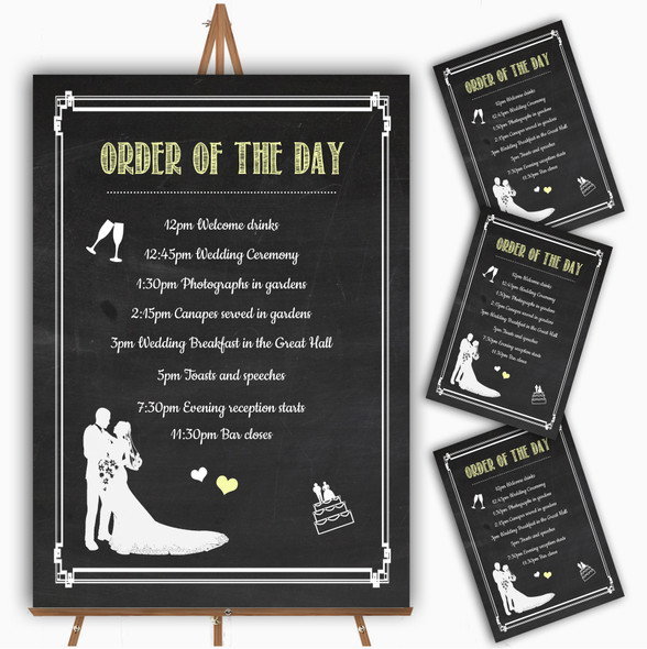 Chalkboard Yellow Personalised Wedding Order Of The Day Cards & Signs