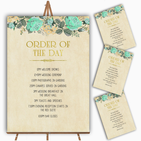Vintage Mint Green & Gold Watercolour Wedding Order Of The Day Cards