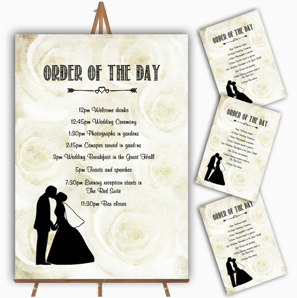Cream Roses Chic Personalised Wedding Order Of The Day Cards & Signs