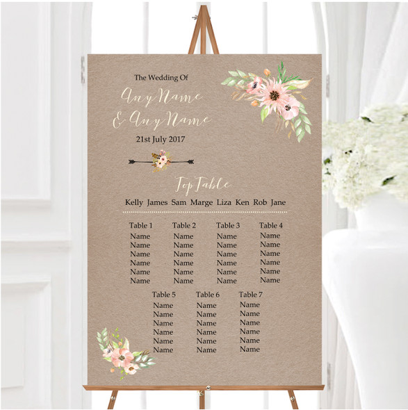 Rustic Vintage Watercolour Peach Floral Personalised Wedding Seating Table Plan