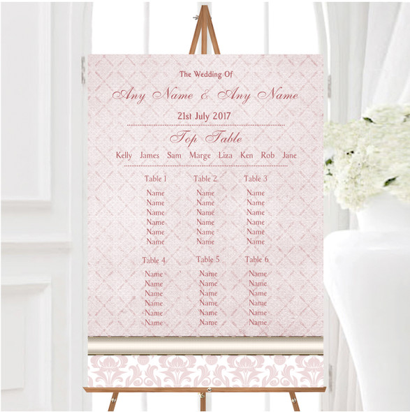 Dusky Rose Pink Damask Vintage Pearl Personalised Wedding Seating Table Plan