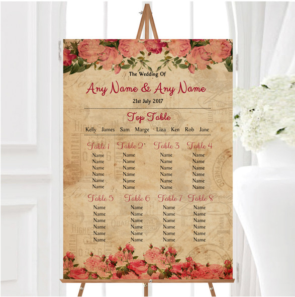 Rustic Pink Roses Signpost Shabby Chic Vintage Wedding Seating Table Plan