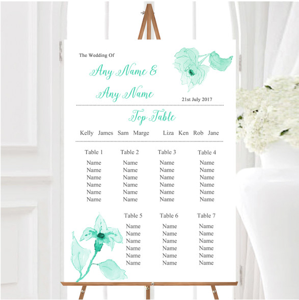 Beautiful Aqua Mint Green Watercolour Flowers Wedding Seating Table Plan