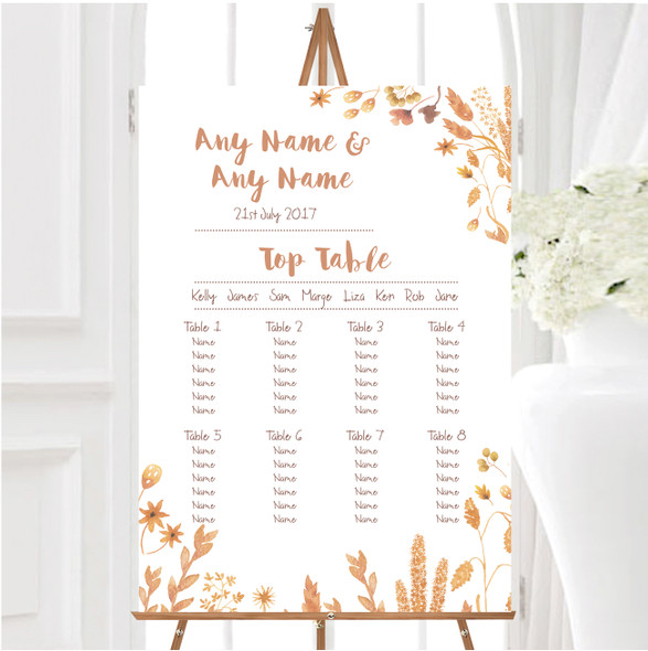 Golden Autumn Leaves Watercolour Personalised Wedding Seating Table Plan