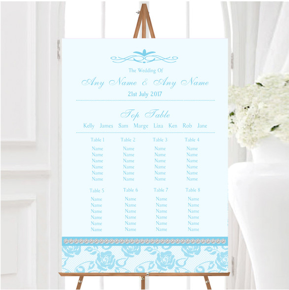 Pretty Sky Blue Floral Diamante Personalised Wedding Seating Table Plan