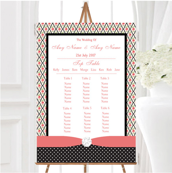 Coral Pink Rose Shabby Chic Black Polkadot Wedding Seating Table Plan