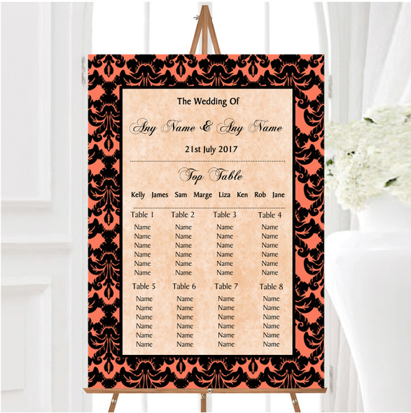 Coral Black Damask & Diamond Personalised Wedding Seating Table Plan