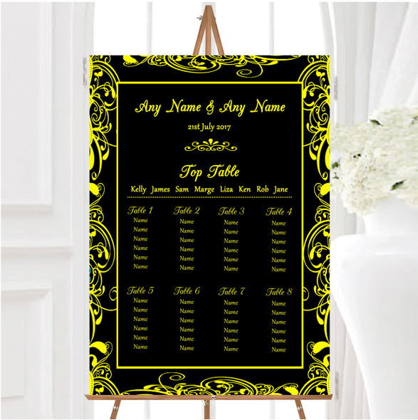 Black & Yellow Swirl Deco Personalised Wedding Seating Table Plan