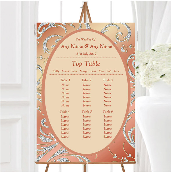 Coral Peach Cream Diamond Personalised Wedding Seating Table Plan