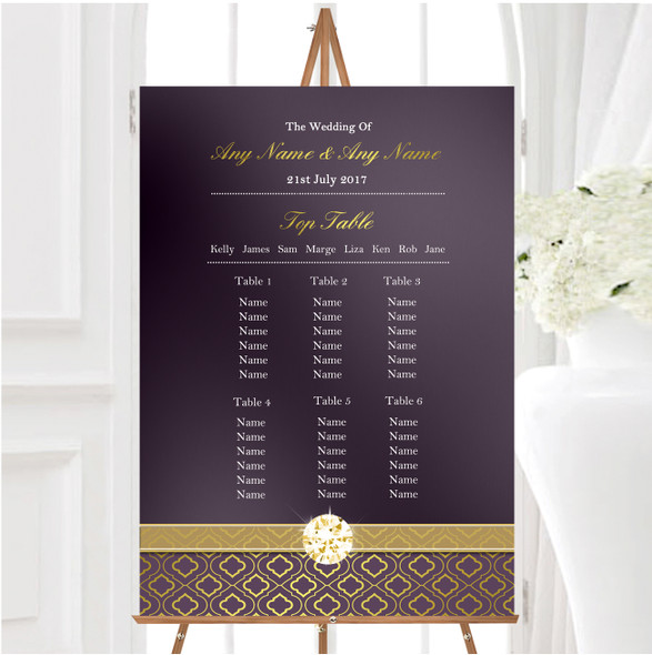 Purple Satin And Gold Personalised Wedding Seating Table Plan