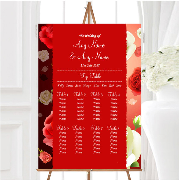 Red And White Roses Personalised Wedding Seating Table Plan