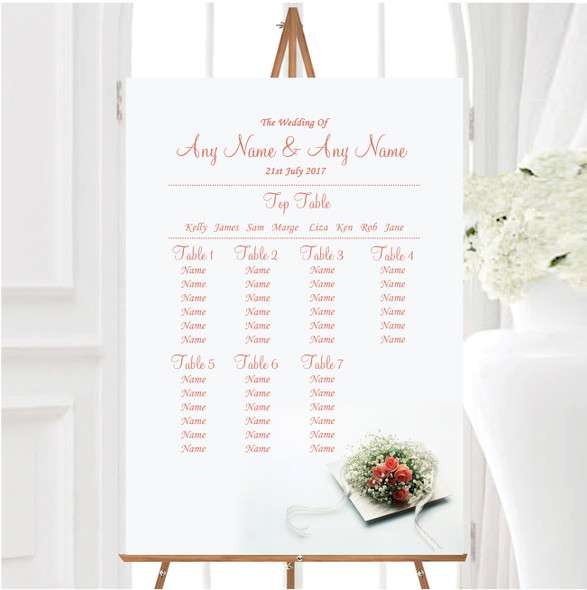 Peach Coral Rose Personalised Wedding Seating Table Plan