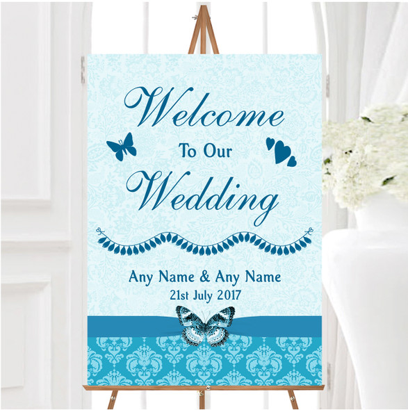 Blue Turquoise Vintage Floral Damask Butterfly Personalised Welcome Wedding Sign