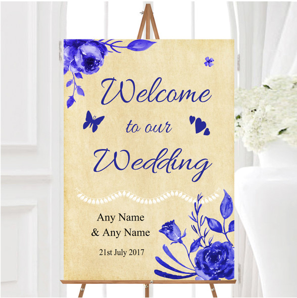 Vintage Blue White Watercolour Floral Personalised Any Text Welcome Wedding Sign