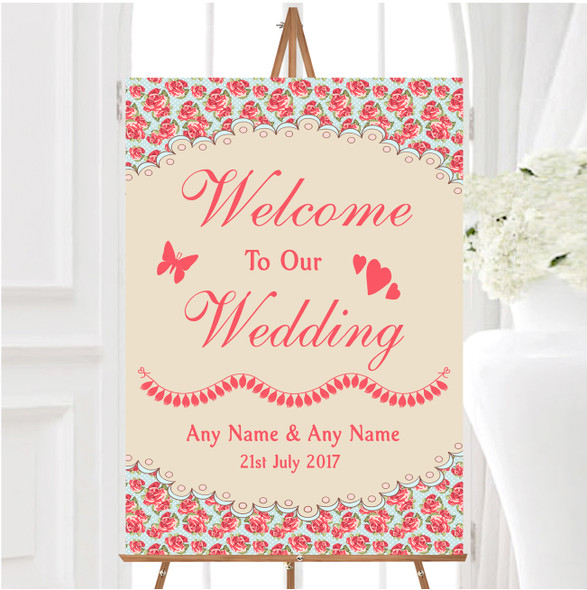 Blue And Coral Pink Floral Shabby Chic Chintz Personalised Welcome Wedding Sign