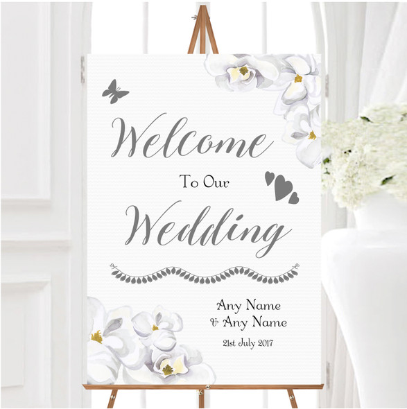 Stunning White Watercolour Magnolias Personalised Any Text Welcome Wedding Sign