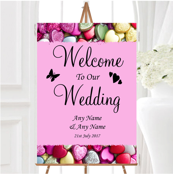 Colourful Cute Love Hearts Personalised Any Wording Welcome To Our Wedding Sign