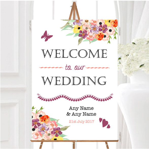 Floral Watercolour Bouquet Personalised Any Wording Welcome To Our Wedding Sign