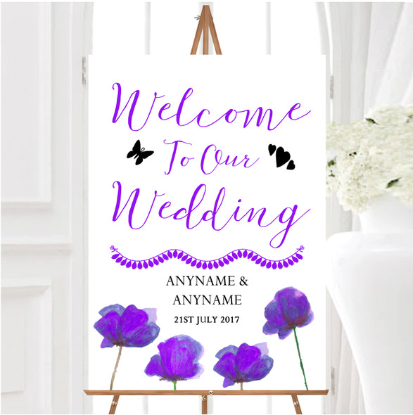 Stunning Watercolour Poppies Purple Personalised Any Text Welcome Wedding Sign