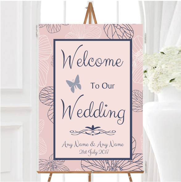 Dusty Coral Pink And Blue Floral Personalised Any Wording Welcome Wedding Sign