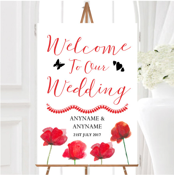 Stunning Watercolour Poppies Red Personalised Any Wording Welcome Wedding Sign