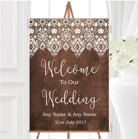 Vintage Brown Old Paper Vintage Lace Effect Personalised Welcome Wedding Sign