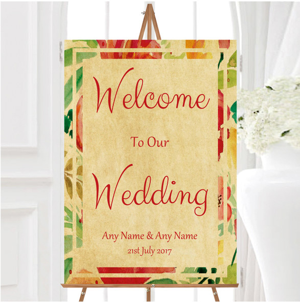 Vintage Pink Yellow Flowers Postcard Style Personalised Welcome Wedding Sign
